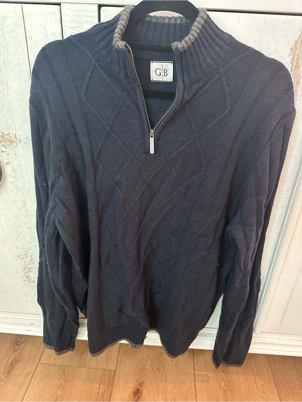 Geoffrey Beene Men's Navy Zip-Front Cable Knit Sweater with Contrast Trim